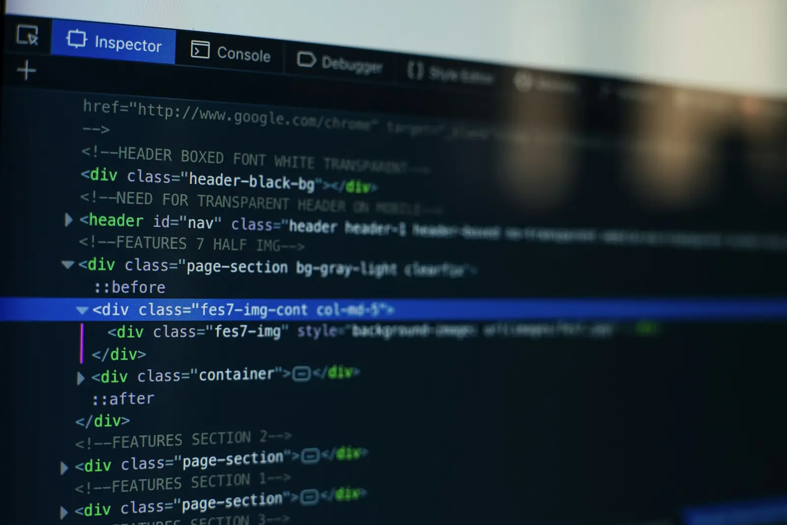 Website markup and live page structure open side by side in an editor